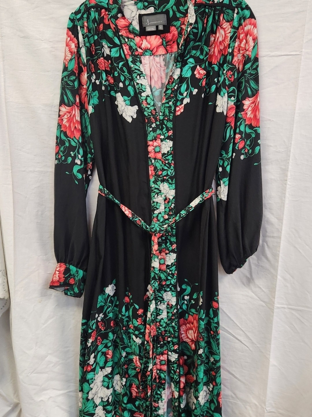 Anthropologie Black Maxi Dress with Pink & Green Floral Print